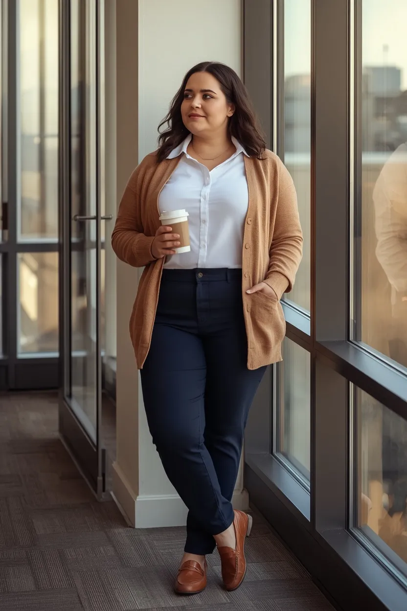 Camel Cardigan Over a White Button