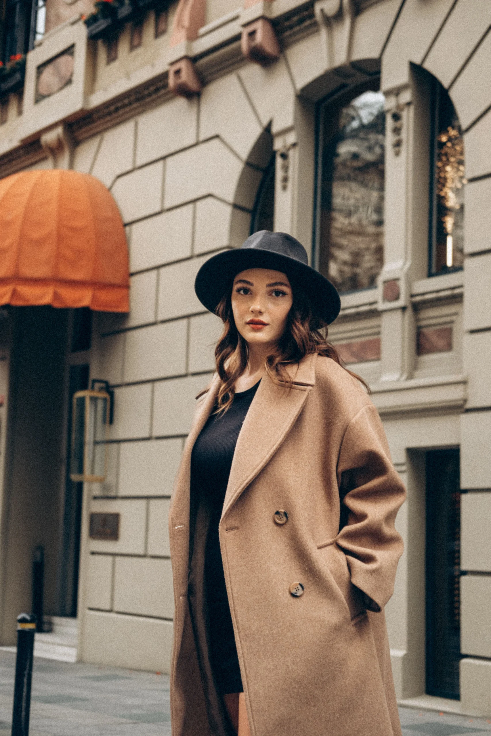 Camel Wool Coat with Felt Fedora