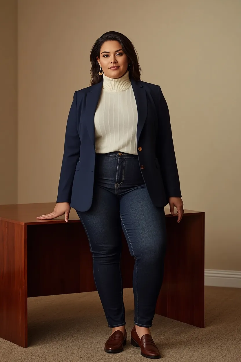 Cream Turtleneck with a Navy Blazer and Dark Denim