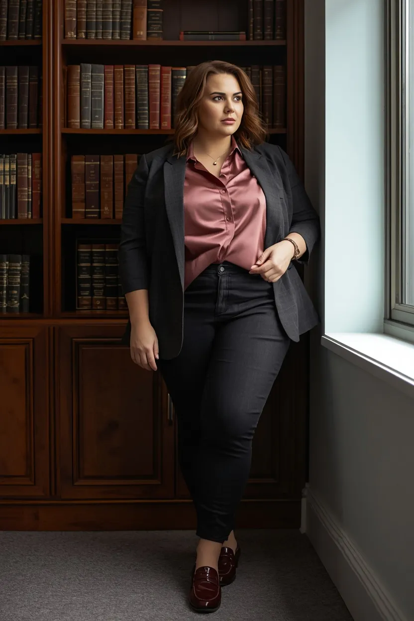 Dusty Rose Blouse with a Charcoal Blazer and Trouser Jeans