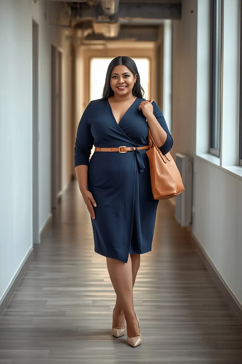 Navy Wrap Dress with a Tan Belt and Nude Pumps