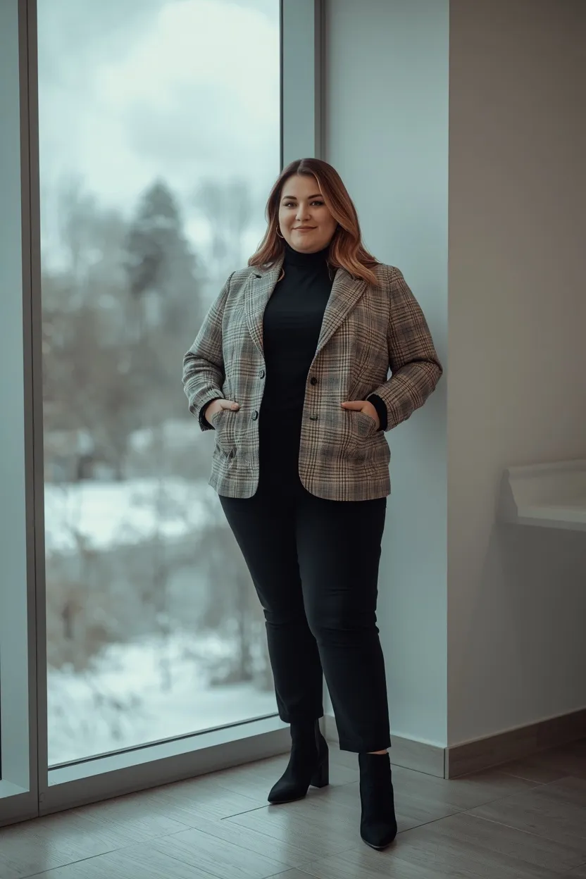 Plaid Blazer with a Black Turtleneck and Straight-Leg Trousers