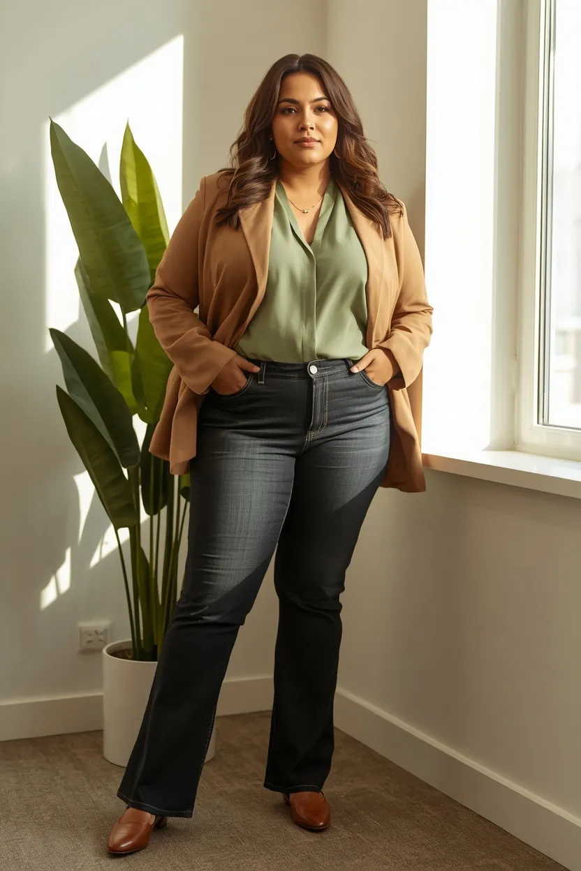 Sage Green Blouse with a Camel Blazer and Bootcut Jeans