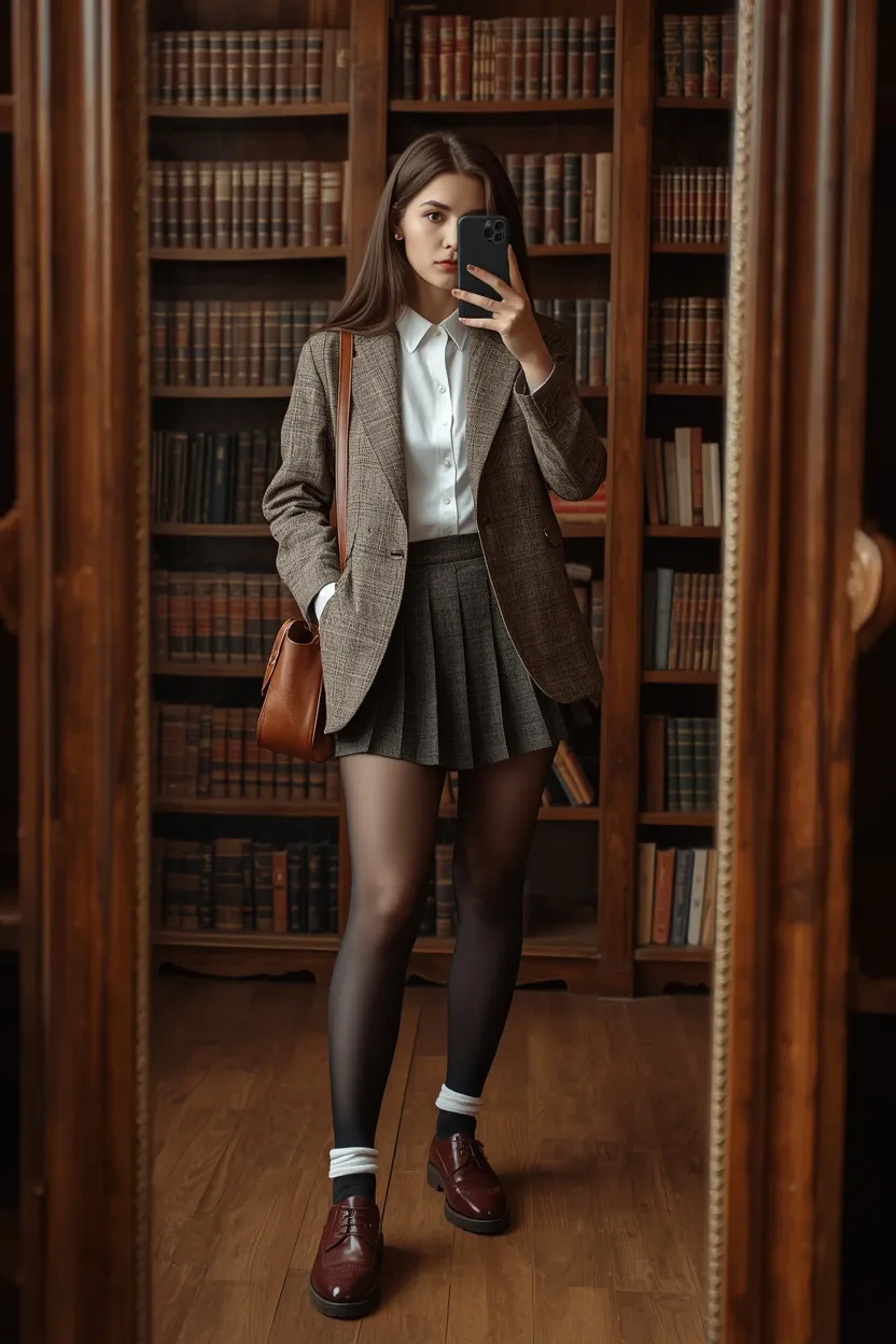 Dark Academia Scholar with Tweed Blazer & Pleated Skirt