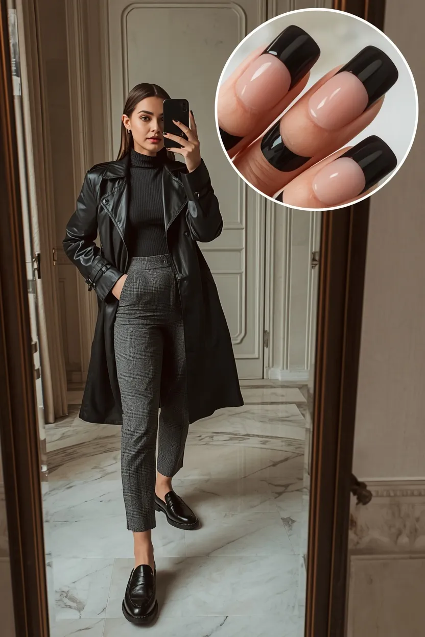 Faux-Leather Trench & Black French Tips