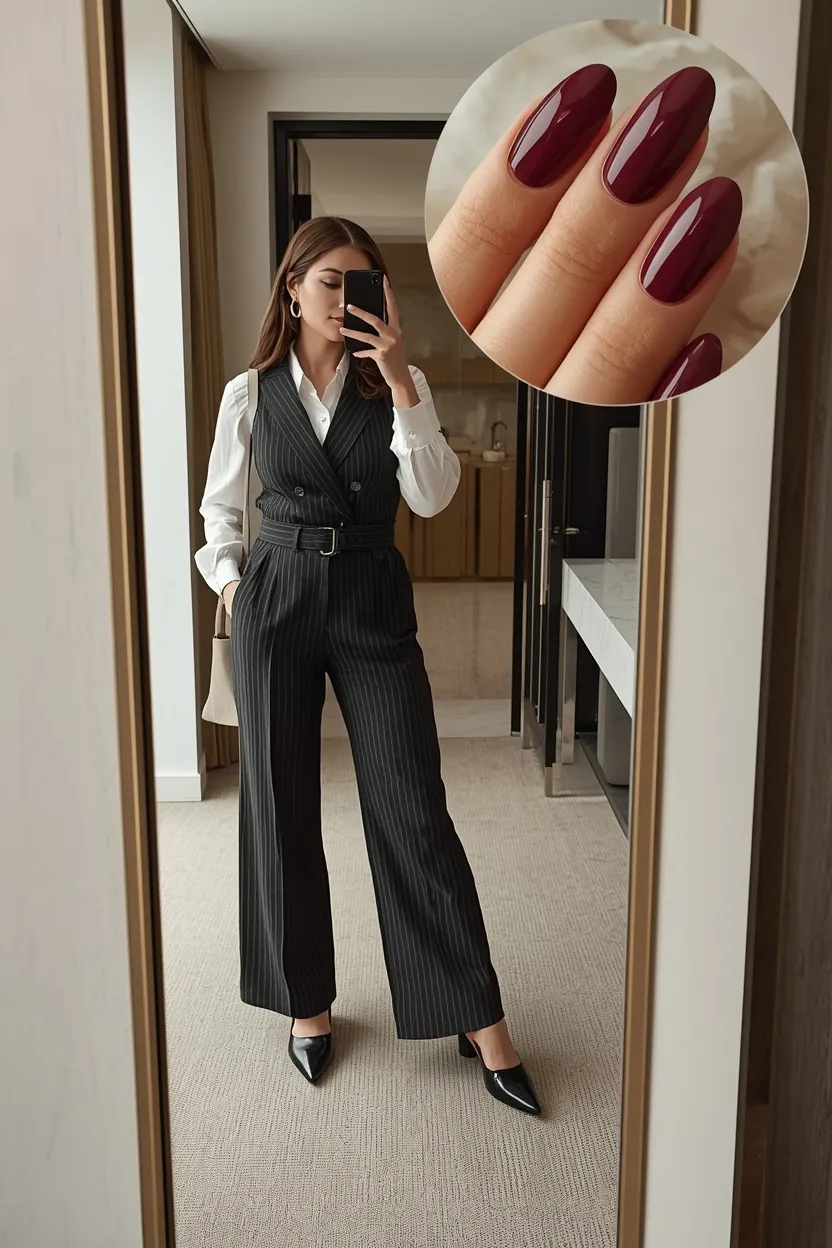 Pinstripe Waistcoat & Deep Burgundy Nails