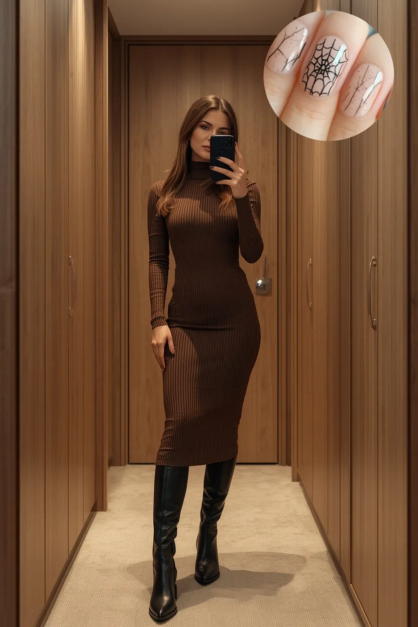 Ribbed Sweater Dress & Spiderweb Accent Nails