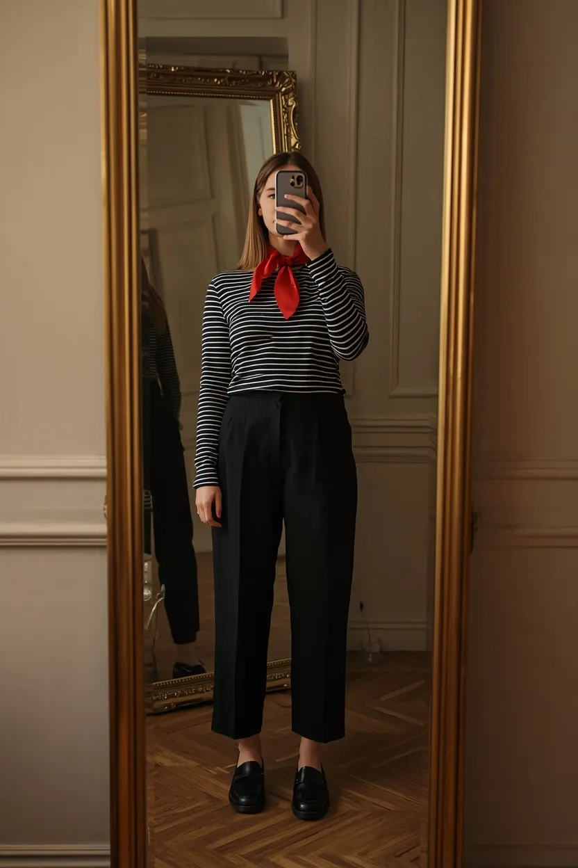 Striped Boatneck Knit with Red Scarf Accent