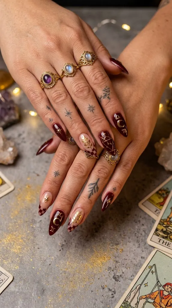 burgundy velvet nails with gold starburst accents