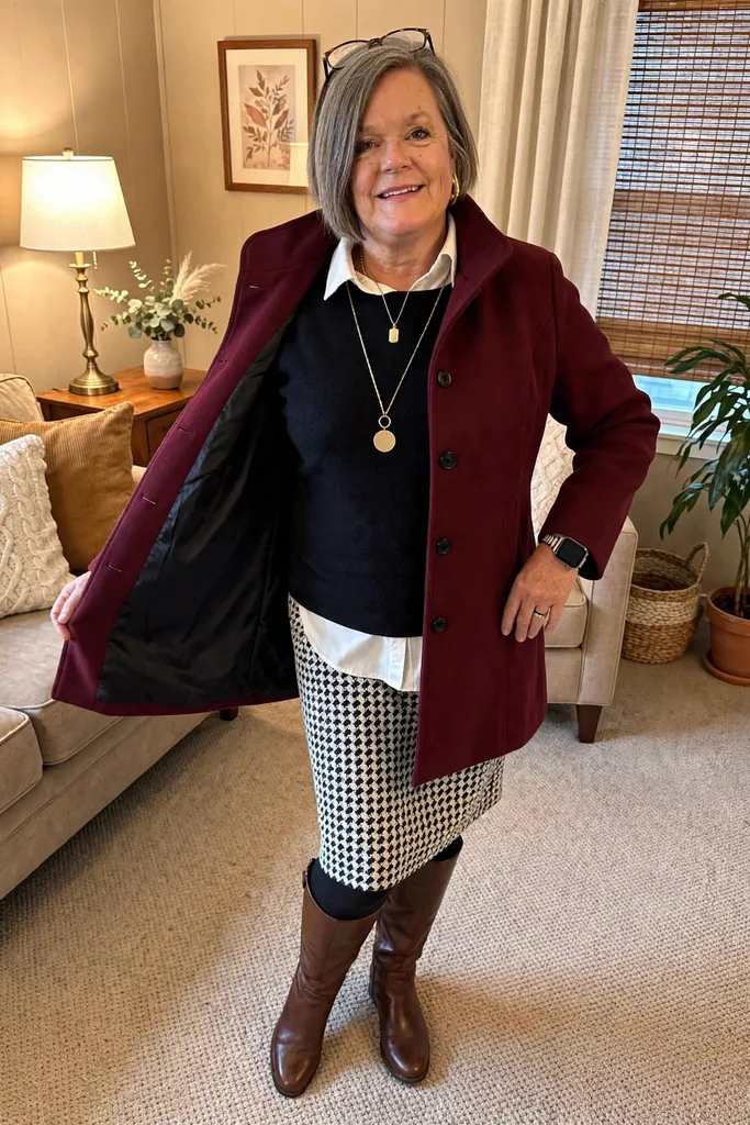 burgundy-tailored-coat-over-a-gray-houndstooth-pencil-skirt