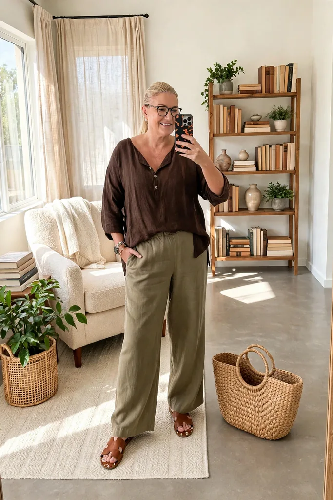 espresso-brown-linen-blouse-with-olive-khaki-wide-leg-trousers