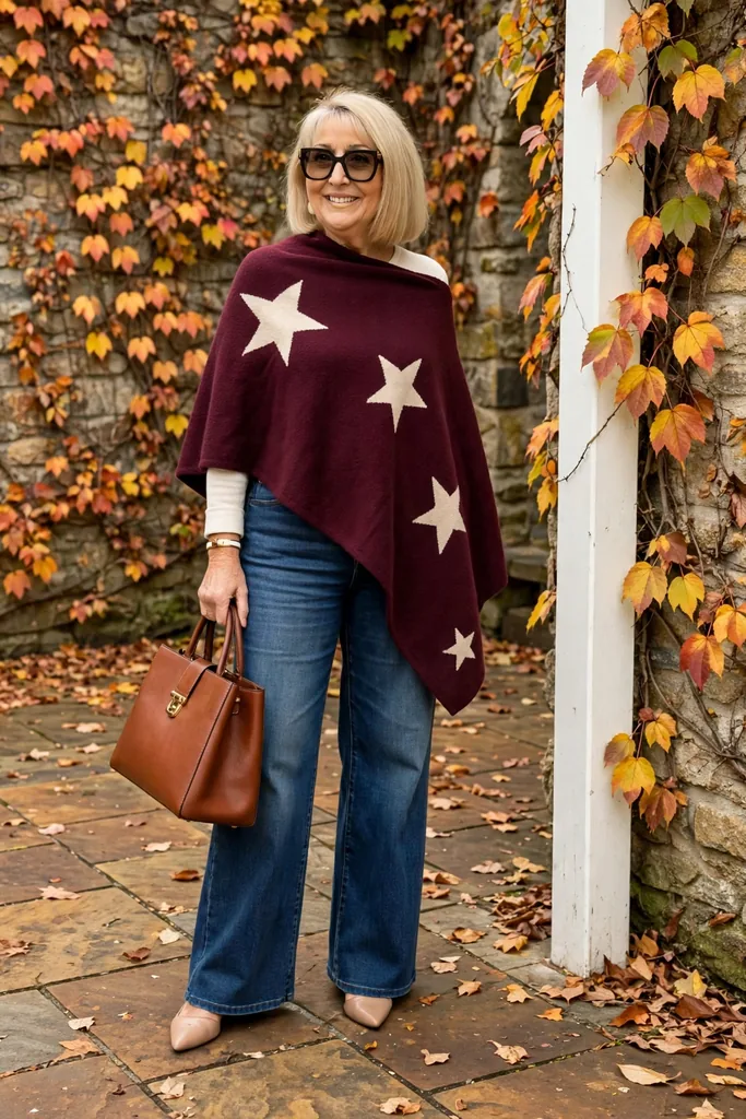 star-print-poncho-in-burgundy-over-indigo-wide-leg-jeans