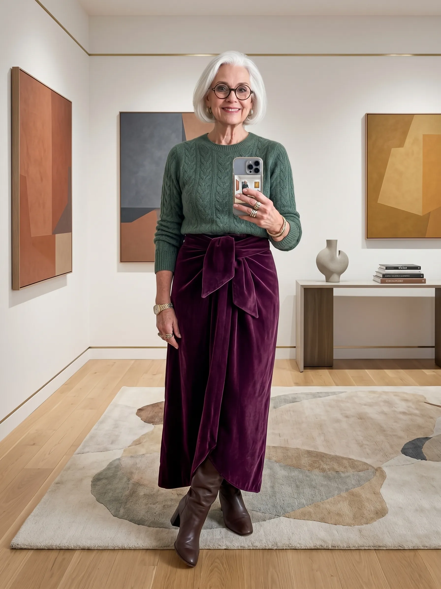 Soft Gray Knit with Navy Velvet Trousers