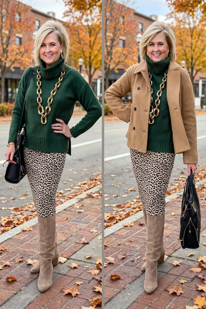 forest-green-turtleneck-with-a-leopard-pencil-skirt