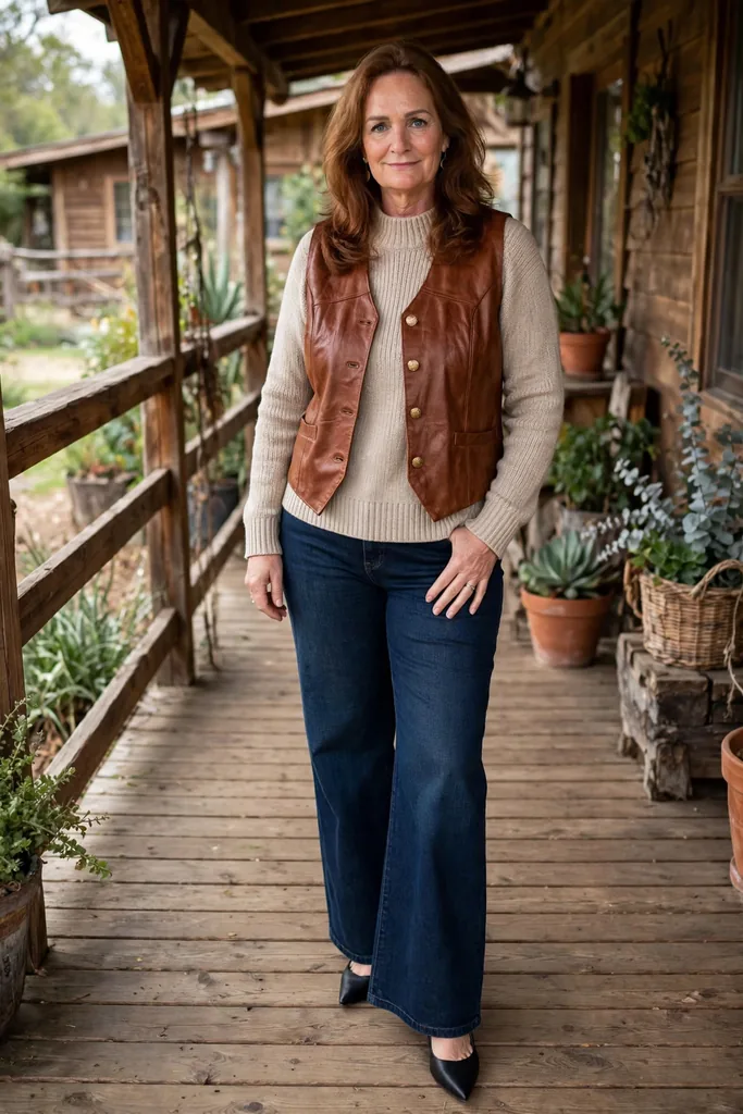 cognac-leather-vest-over-dark-indigo-wide-leg-jeans