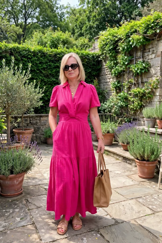 fuchsia-tiered-maxi-dress-with-tan-accessories