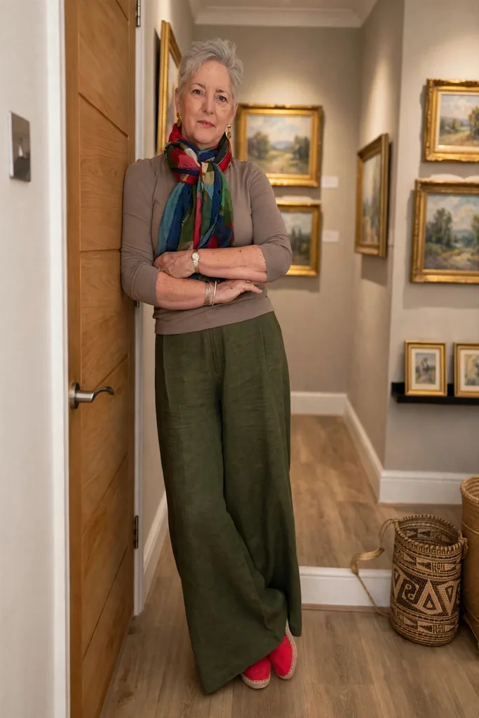a-jewel-toned-scarf-with-relaxed-olive-trousers