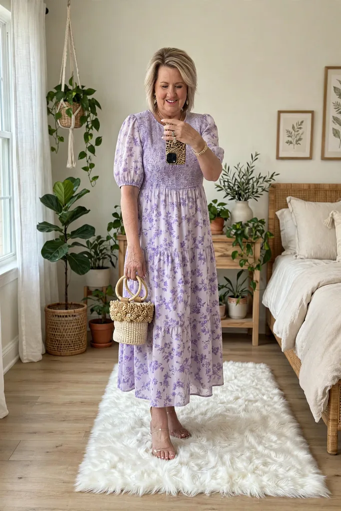 soft-lilac-floral-smocked-midi-dress-with-a-straw-mini-bag