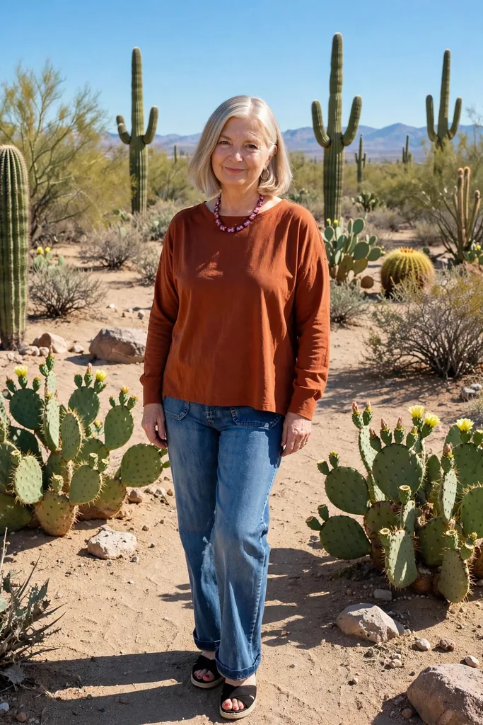 rust-orange-shirt-tucked-into-wide-leg-jeans