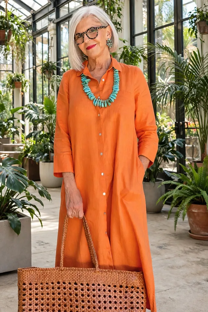 tangerine-shirt-dress-and-a-woven-tote