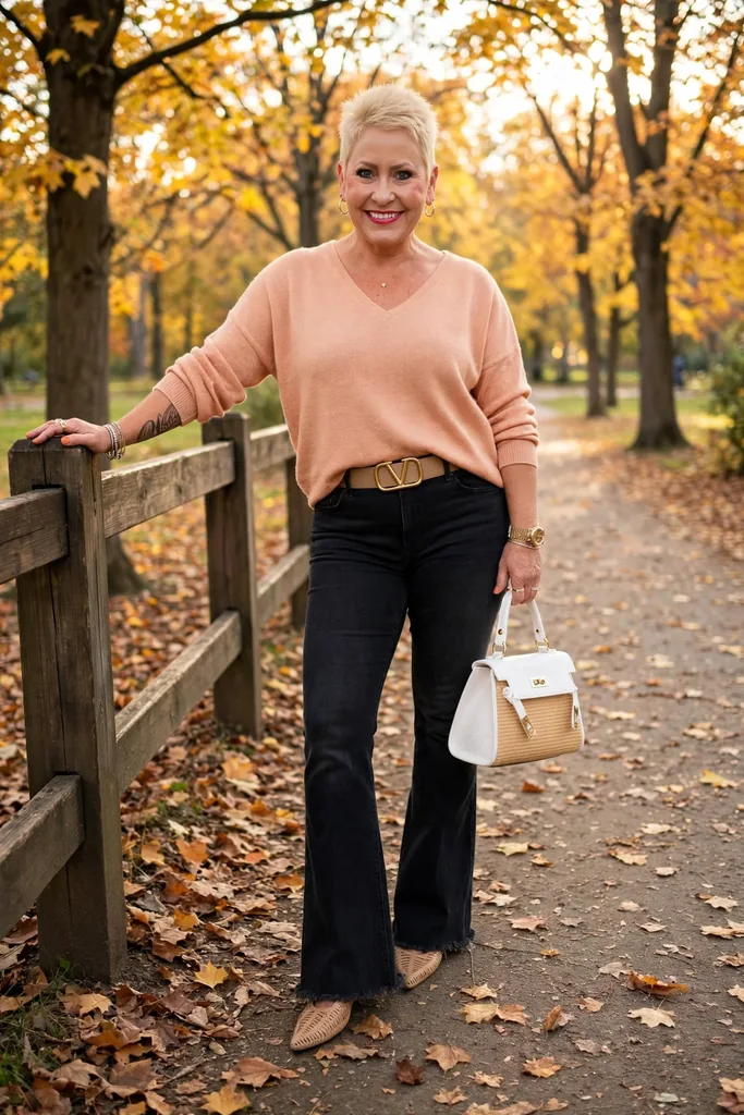 cozy-apricot-sweater-with-black-flared-jeans