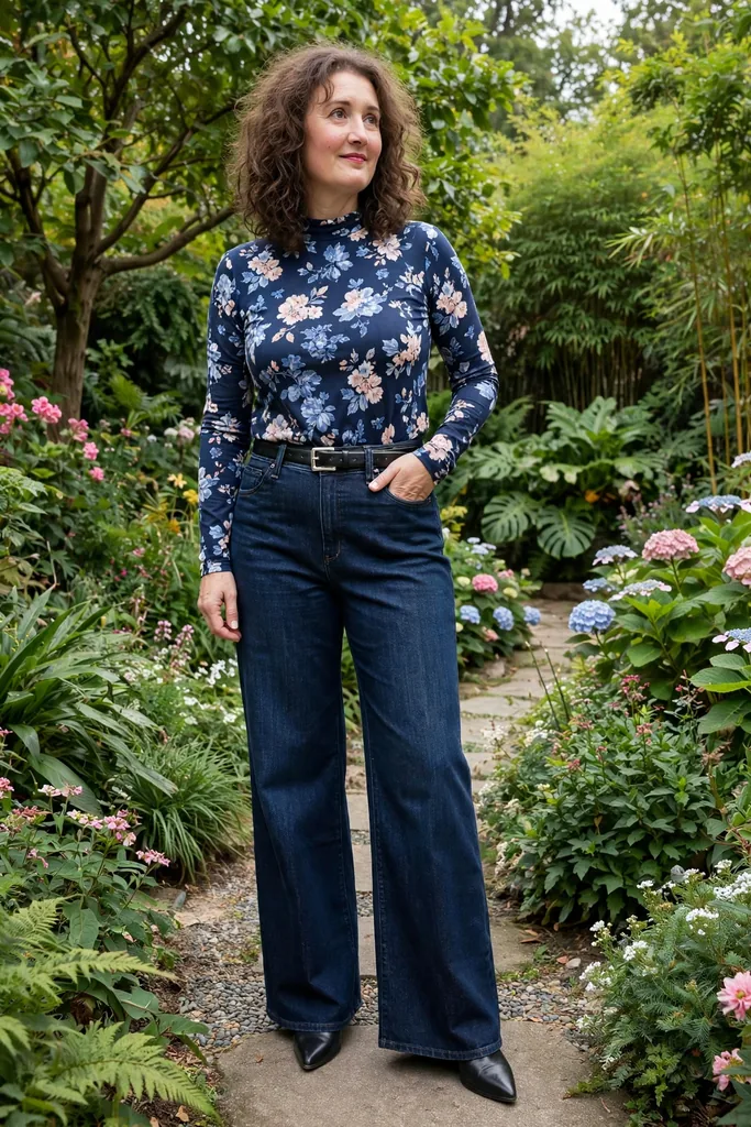 dark-indigo-wide-leg-jeans-with-a-navy-floral-blouse