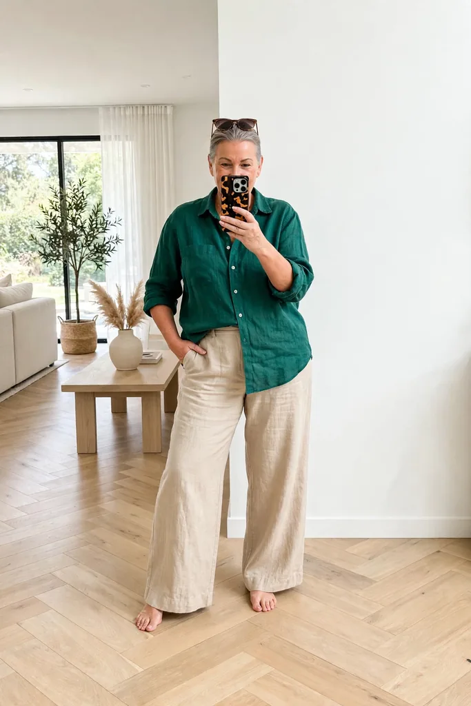 emerald-green-linen-shirt-with-sand-wide-leg-pants