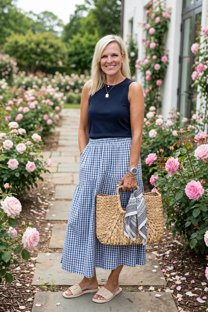 navy-tank-with-a-blue-gingham-midi-skirt