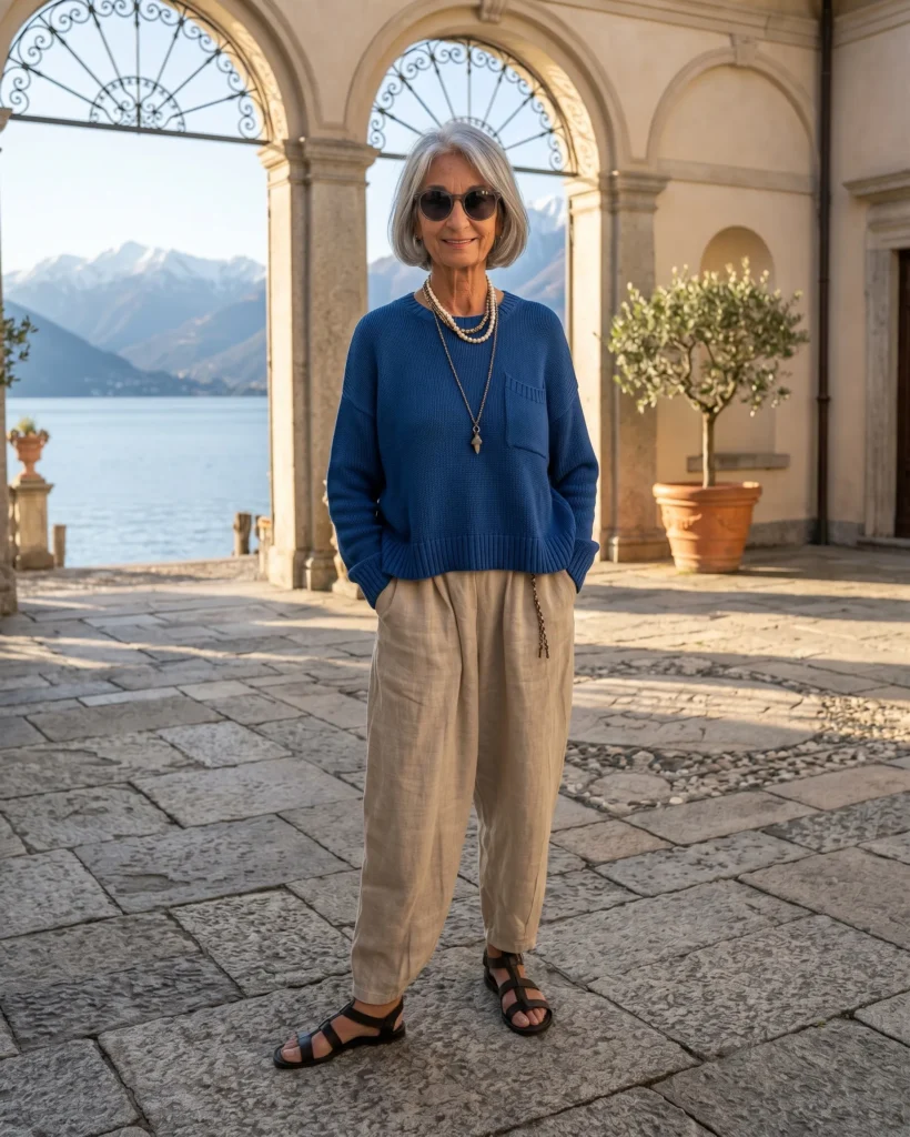 White Open-Knit with Relaxed Black Trousers