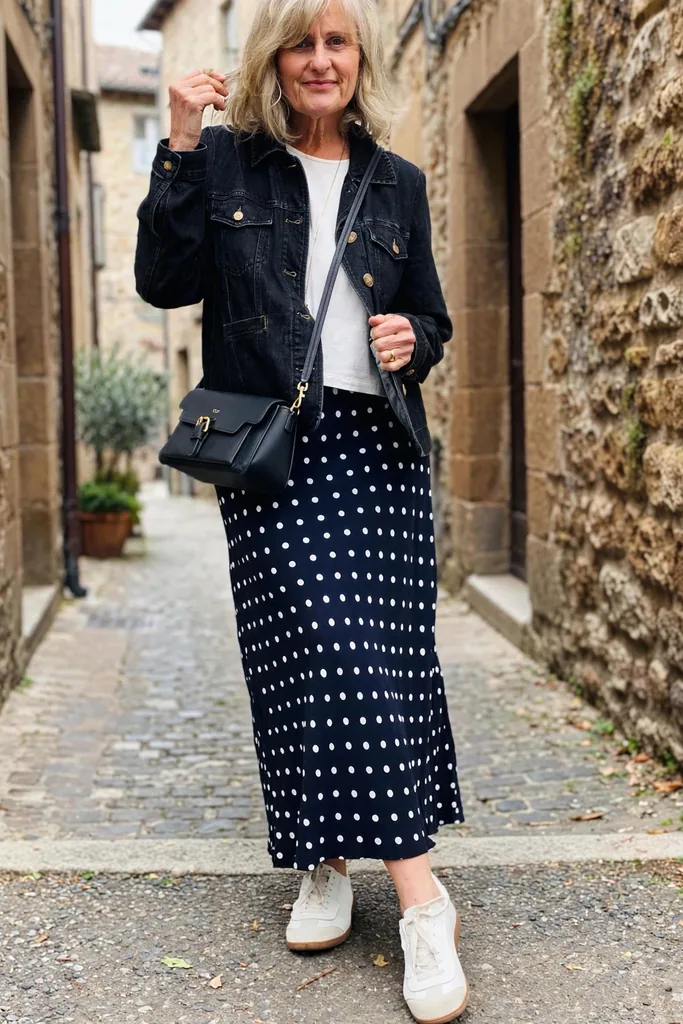 spotted-skirt-jean-jacket-carefree-attitude