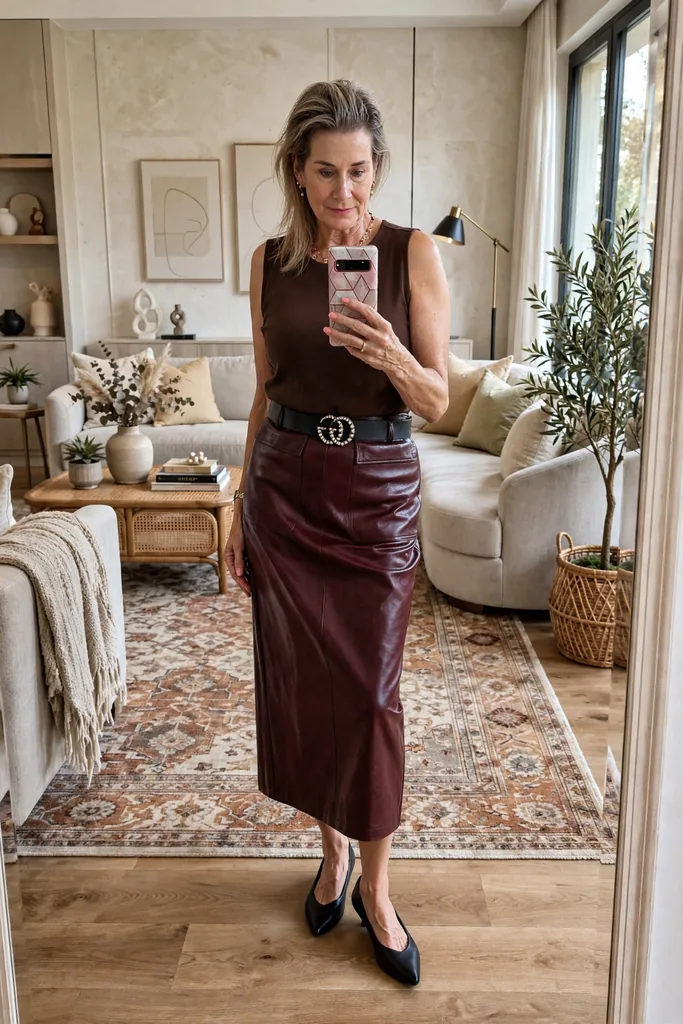 espresso-sleeveless-top-with-an-oxblood-leather-midi-skirt