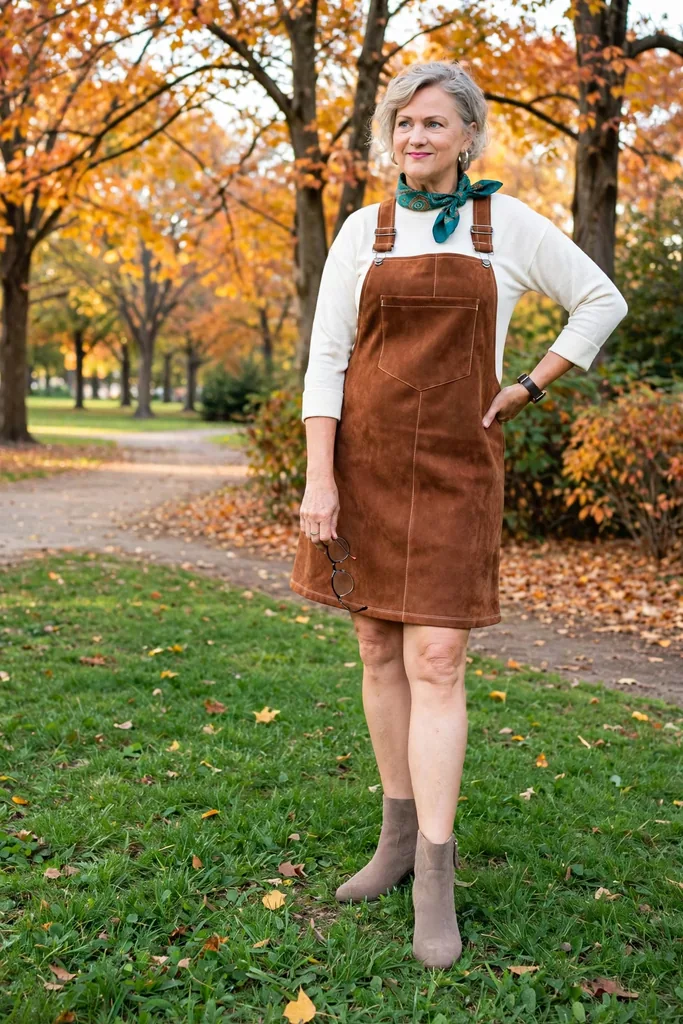 cognac-suede-pinafore-dress-with-an-ivory-top