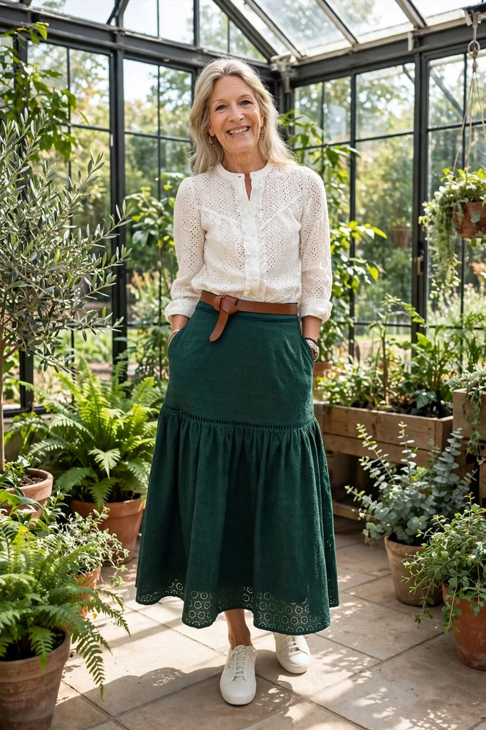 crisp-eyelet-blouse-paired-with-a-green-midi-skirt