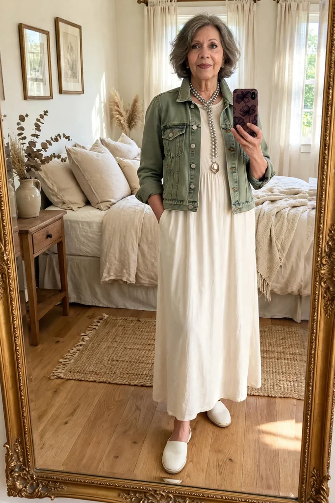 flowing-ivory-maxi-under-an-olive-denim-jacket