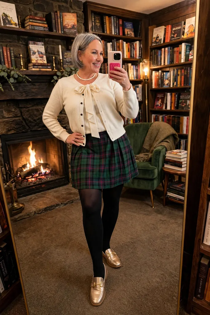 tartan-mini-with-an-ivory-tie-neck-cardigan