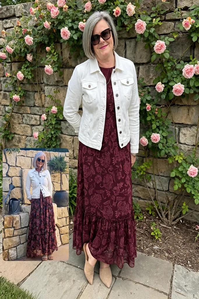 white-denim-jacket-over-a-burgundy-floral-maxi-dress