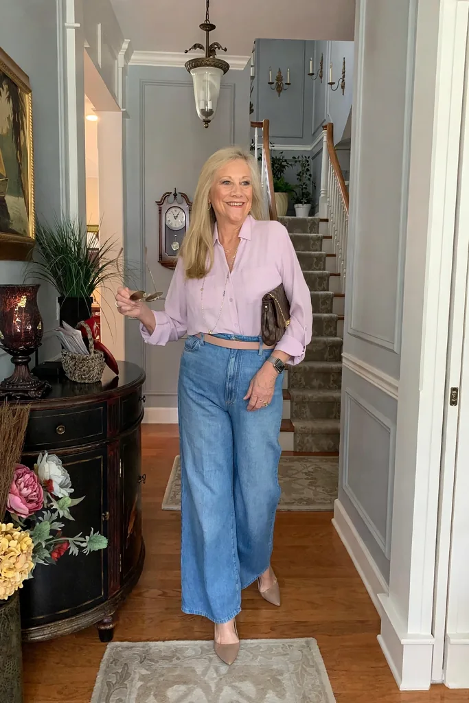 lavender-lilac-blouse-with-medium-wash-wide-leg-jeans