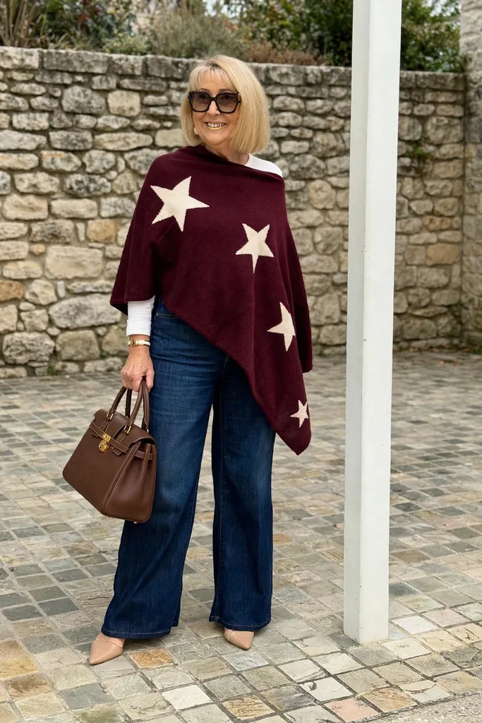 burgundy-star-print-poncho-with-medium-indigo-wide-leg-jeans
