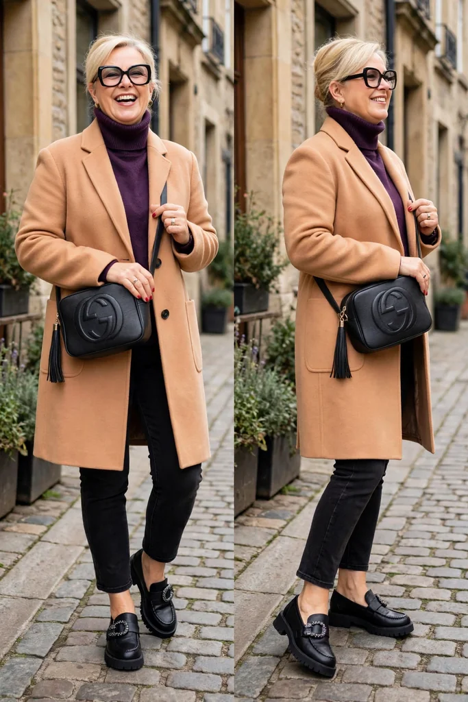 apricot-coat-over-a-plum-turtleneck-and-black-cropped-jeans