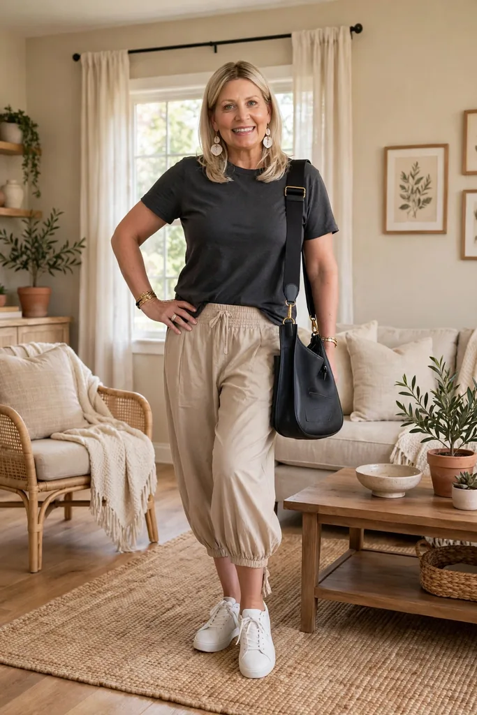 charcoal-gray-tee-with-stone-beige-balloon-pants
