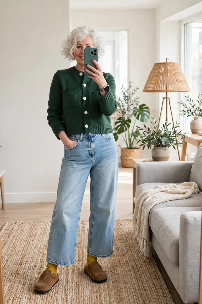 forest-green-cropped-cardigan-with-light-wash-wide-leg-jeans