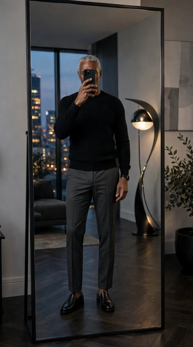 Black man in a black fine-knit sweater with charcoal trousers and black leather loafers, mirror selfie