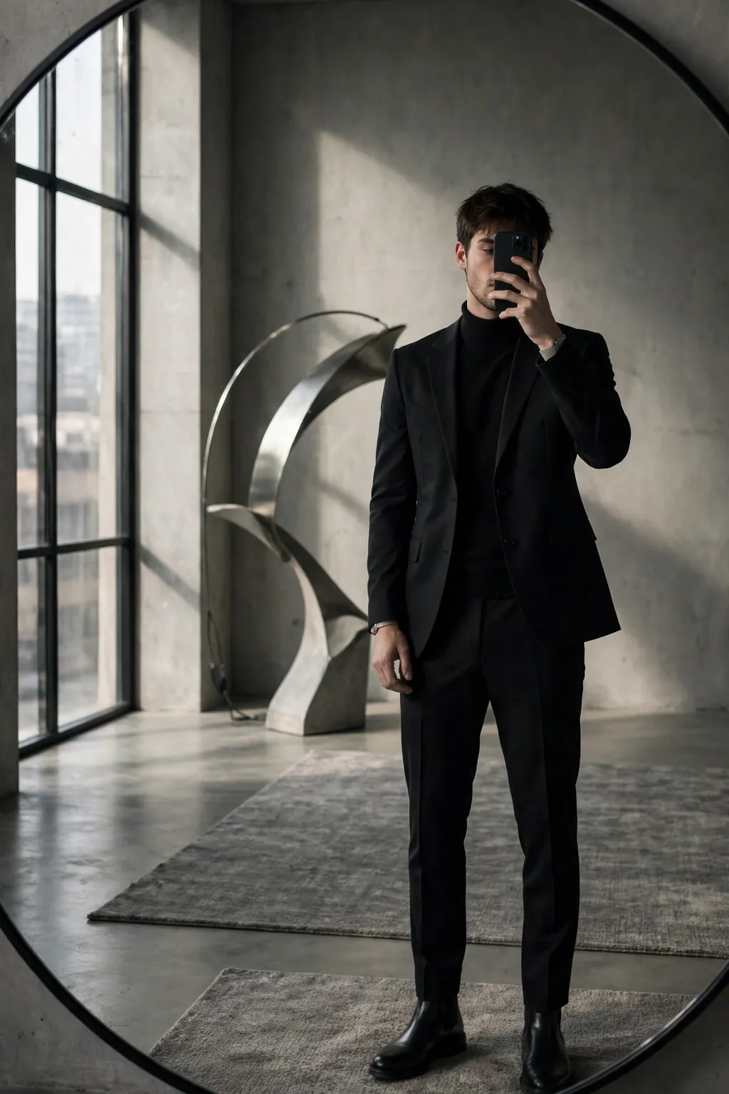 Young man in a black suit over a black turtleneck with Chelsea boots, mirror selfie