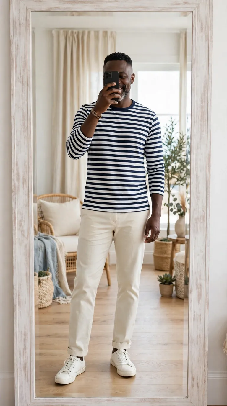 Black man in a navy and white Breton stripe tee with cream chinos and white canvas sneakers, mirror selfie