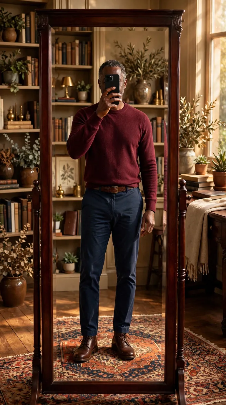 Black man in a burgundy crewneck sweater with navy chinos and dark brown boots, mirror selfie