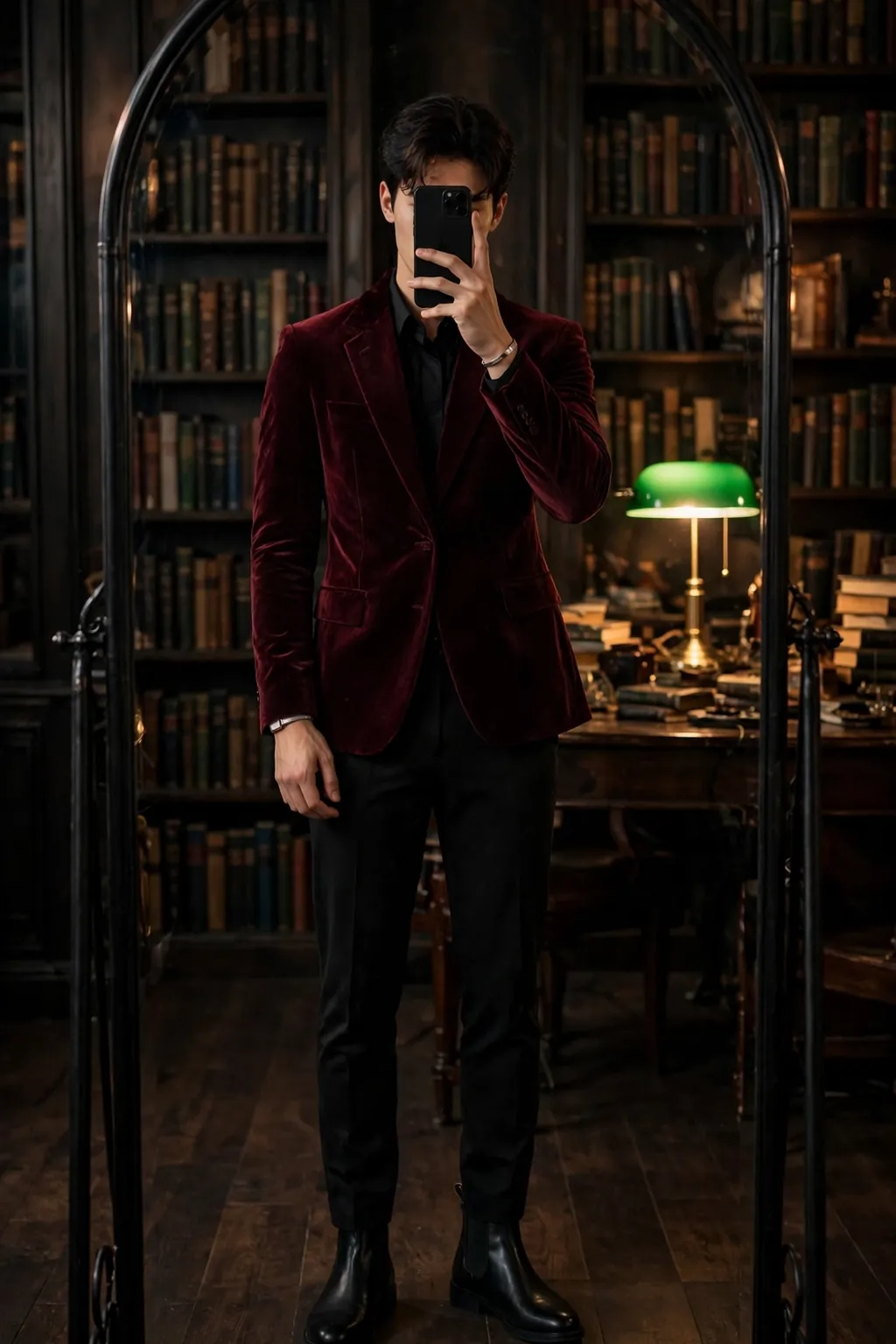 Young man in a burgundy velvet blazer, black shirt and black trousers, mirror selfie