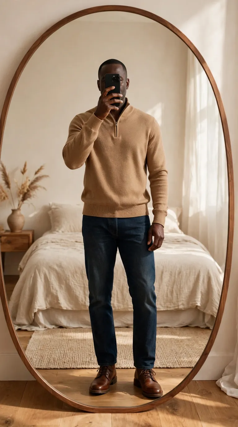 Black man in a camel quarter-zip sweater with dark jeans and brown leather boots, mirror selfie