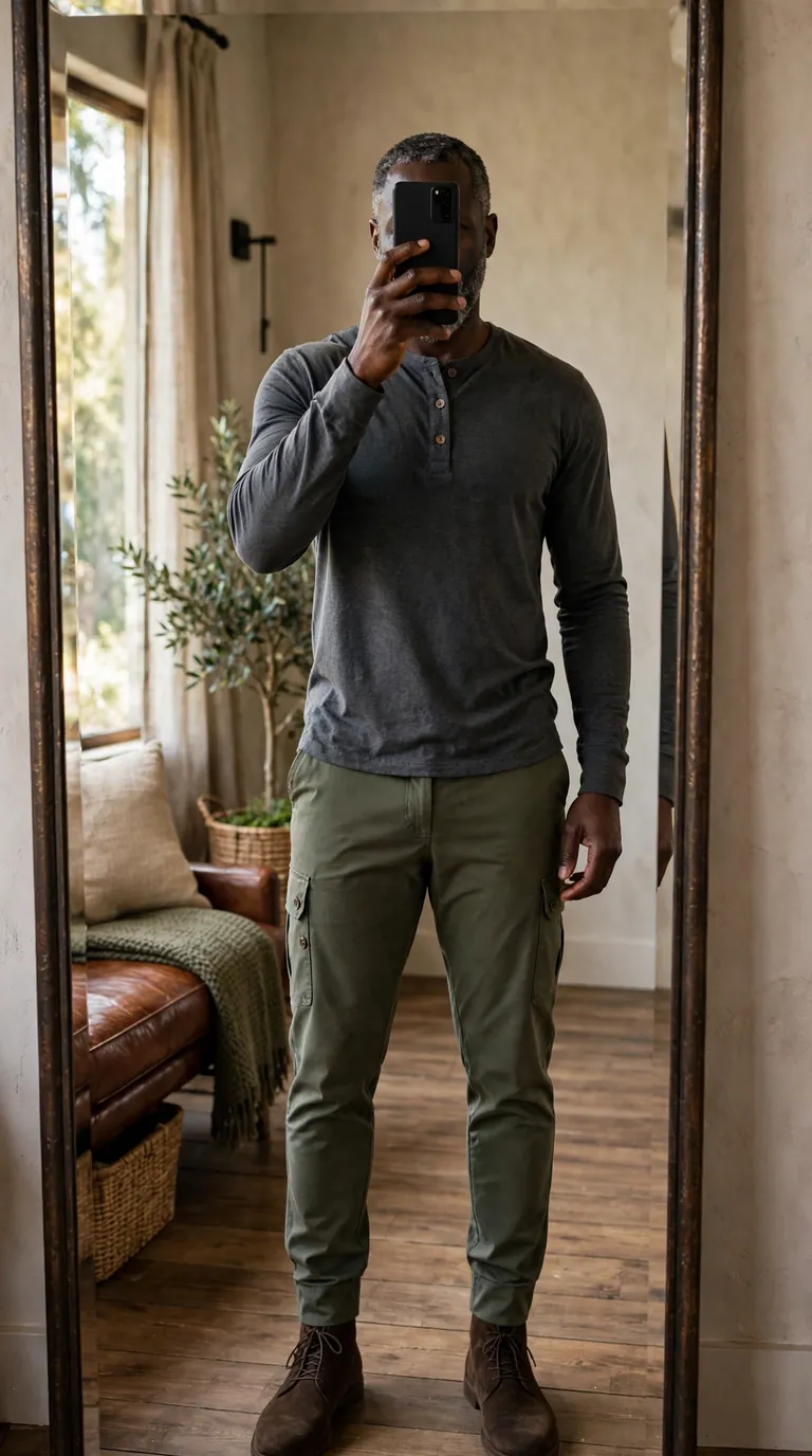 Black man in a charcoal henley shirt with olive cargo pants and brown suede boots, mirror selfie