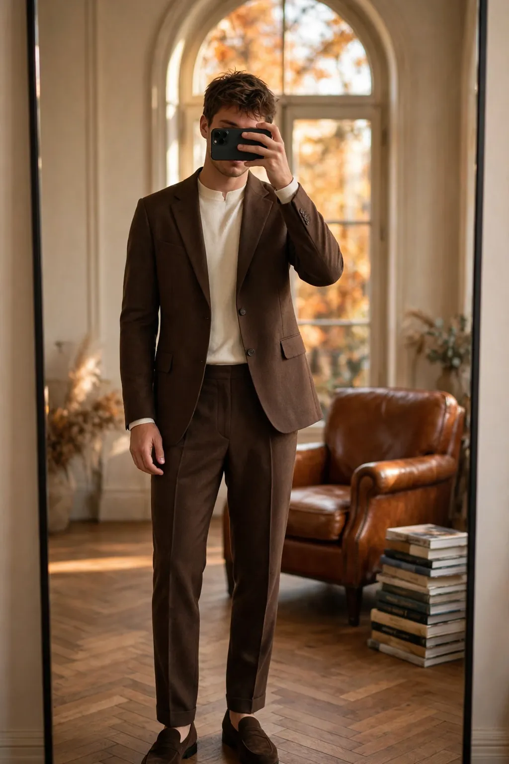 Young man in a chocolate brown suit with cream roll-neck sweater, mirror selfie