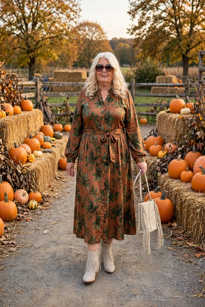 copper-floral-dress-and-cream-fringe-boots